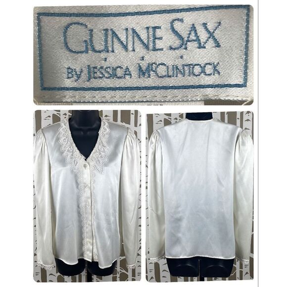Gunne Sax 70s 80s Ivory Satin Lace Collar Puff Shoulder Blouse 5 - Picture 1 of 14